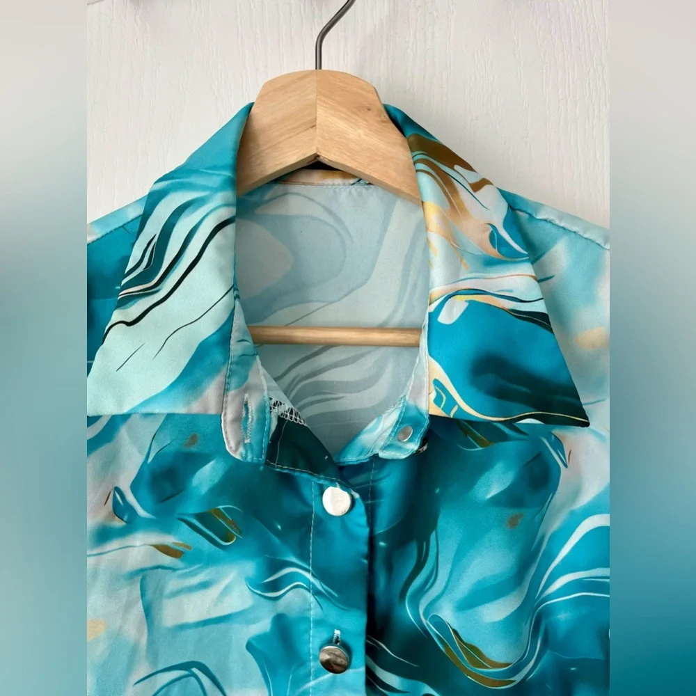 SHEIN Blue Marble Print Satin Button Up Blouse - Size Small - Picture 5 of 10